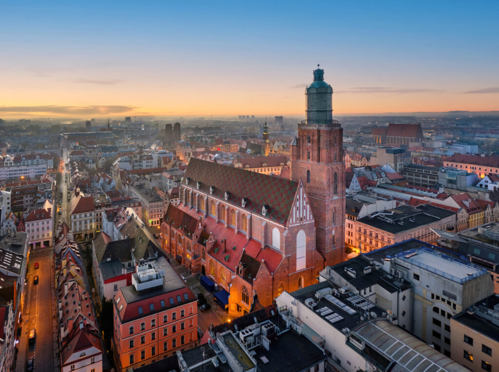 Aerial view of St Elizabeth in Wroclaw, Poland Kościół św Elżbiety we Wrocławiu