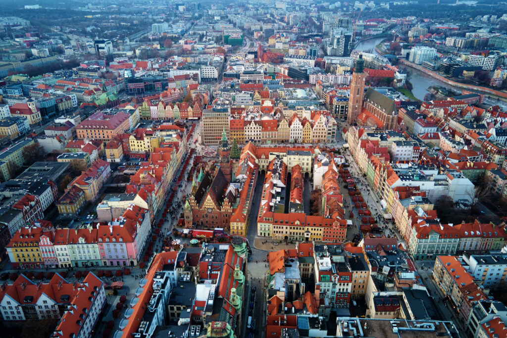 Aerial view of Wroclaw Rynek market square during Christmas holidays Rynek we Wrocławiu