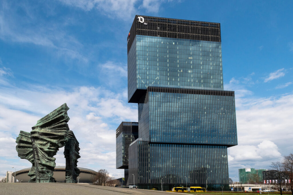 Katowice, Poland - April 15, 2023: Modern Cityscape of Katowice with .KTW Towers, Spodek Arena and Silesian Uprising Monument
