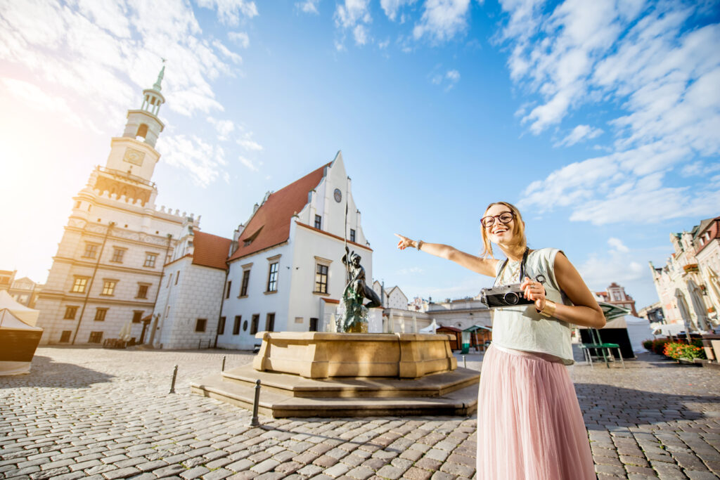 Woman traveling in Poznan, Poland rynek poznań